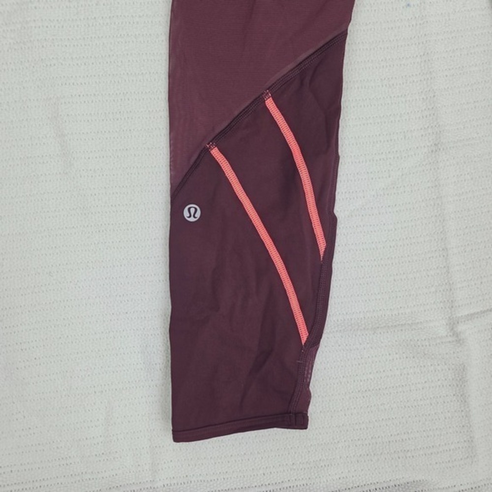 Lululemon Tight Stuff Tight Burgundy Mesh Panel Running Leggings Pink Zip Size 6 - Picture 7 of 11